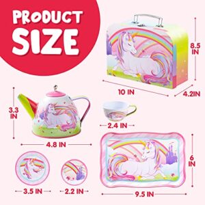 JOYIN Unicorn Tea Set for Toddlers Tea Party Set for Children Kids Pretend Role Play Tin Teapot Set with Cups, Plates and Carrying Case Kitchen Toy for Little Girls Birthday Gifts Age 3 4 5 6