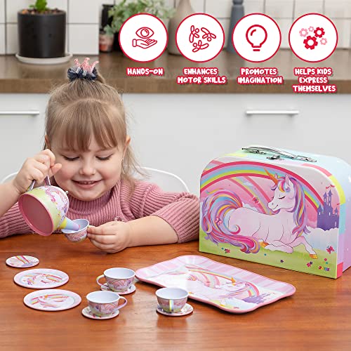 JOYIN Unicorn Tea Set for Toddlers Tea Party Set for Children Kids Pretend Role Play Tin Teapot Set with Cups, Plates and Carrying Case Kitchen Toy for Little Girls Birthday Gifts Age 3 4 5 6