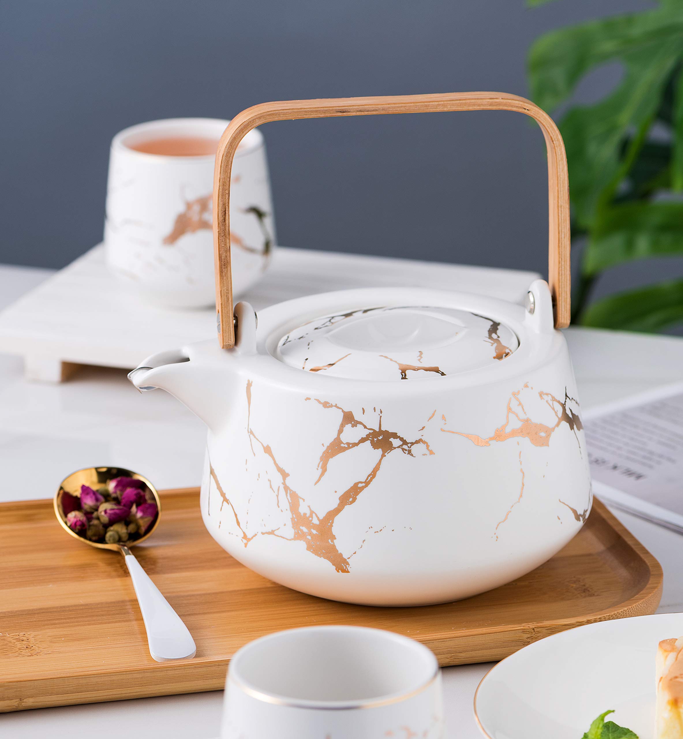 Jusalpha Marble Porcelain Teapot Set, Modern Japanese Tea Pot with Infuser for Loose Tea (40 OZ), 4-Piece Tea Cups (6.7 OZ) with Bamboo Tray - Tea Cups Set for Home and Restaurant, FDJPT4 (White)