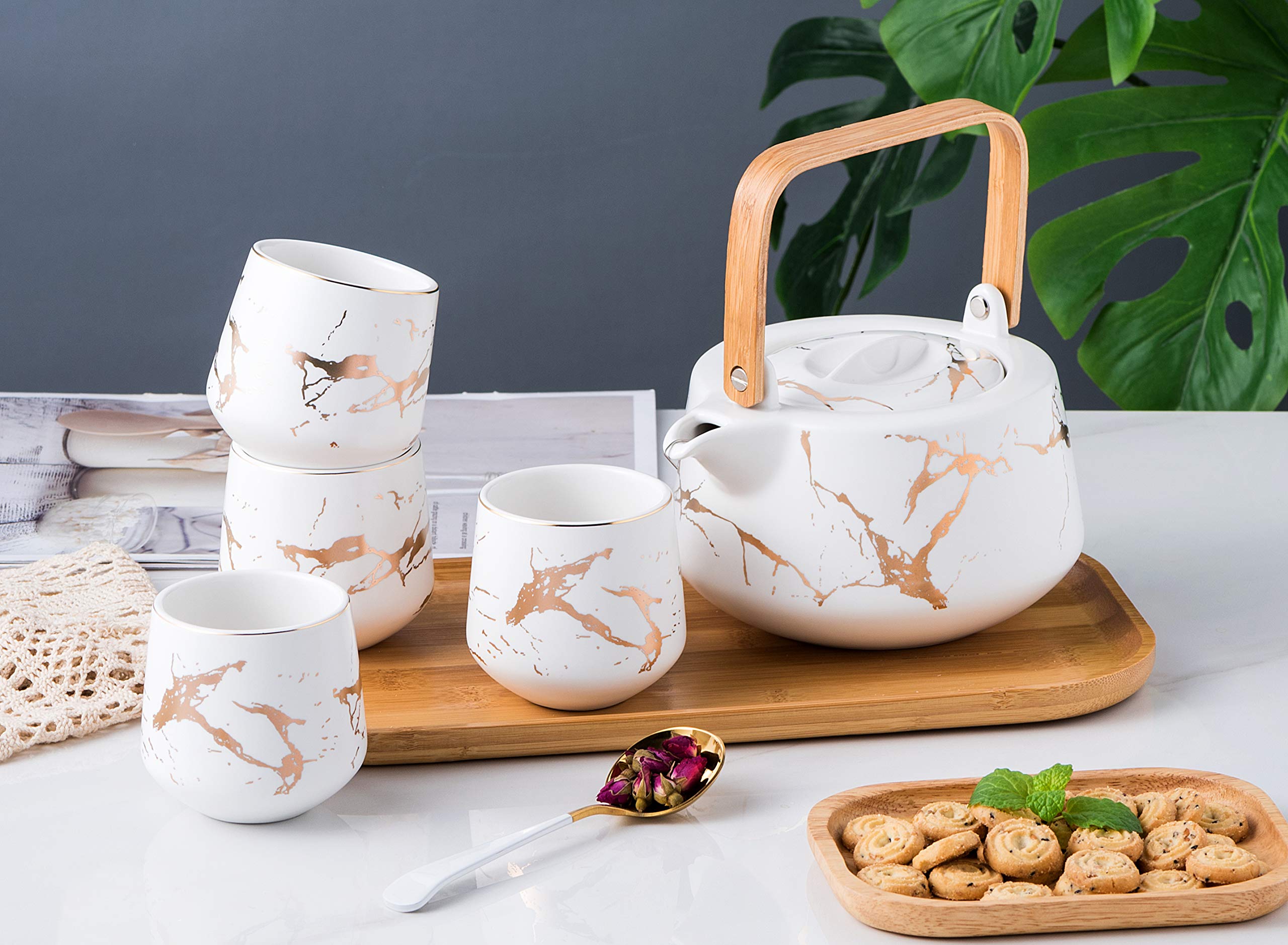 Jusalpha Marble Porcelain Teapot Set, Modern Japanese Tea Pot with Infuser for Loose Tea (40 OZ), 4-Piece Tea Cups (6.7 OZ) with Bamboo Tray - Tea Cups Set for Home and Restaurant, FDJPT4 (White)