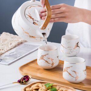 Jusalpha Marble Porcelain Teapot Set, Modern Japanese Tea Pot with Infuser for Loose Tea (40 OZ), 4-Piece Tea Cups (6.7 OZ) with Bamboo Tray - Tea Cups Set for Home and Restaurant, FDJPT4 (White)