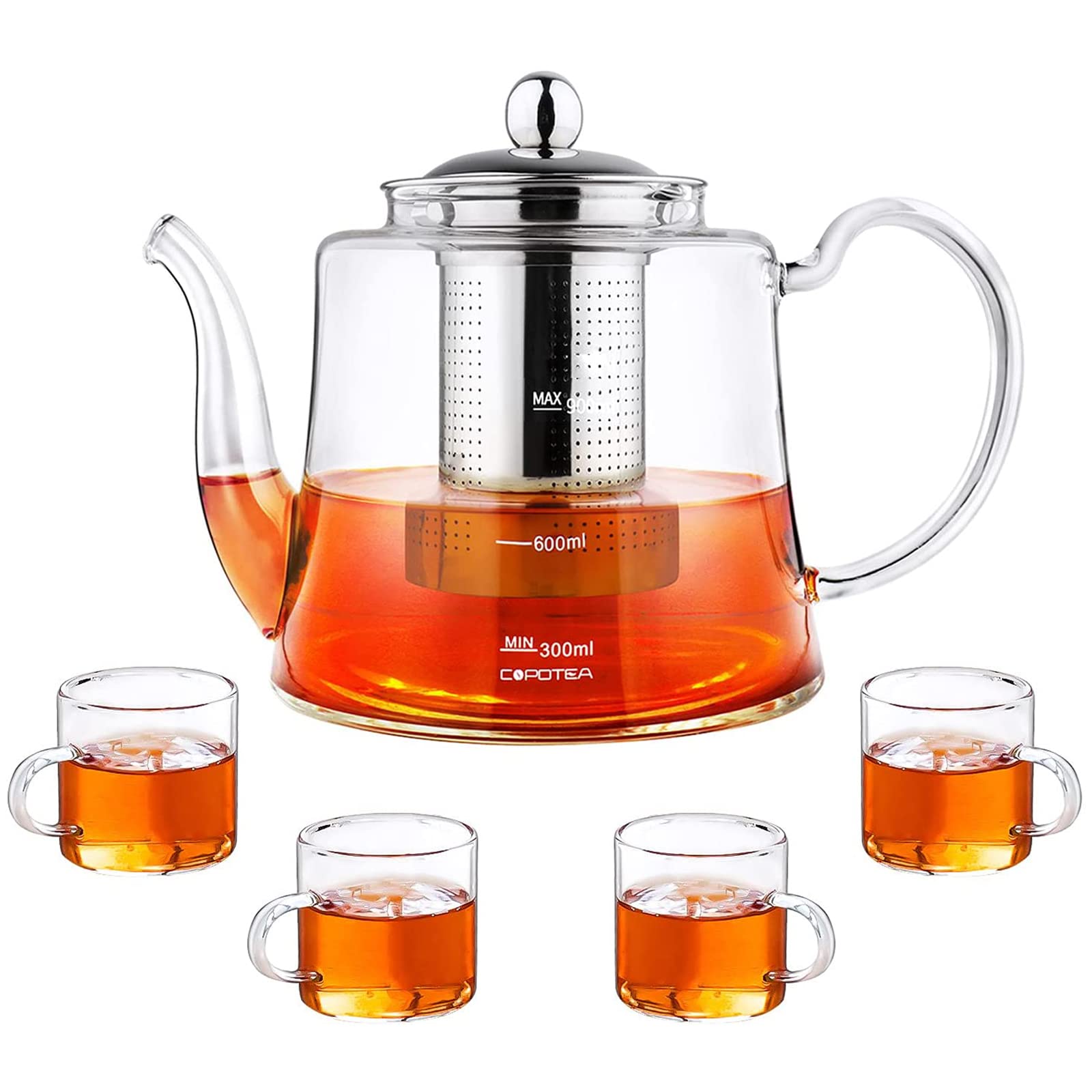 Glass Tea kettle Stovetop Safe, 40oz/1200ml Glass Teapot Gift Set with 4 Teacups, Tea Pot with Removable Infuser for Loose Leaf and Blooming Tea