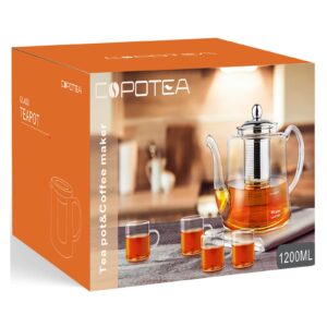 Glass Tea kettle Stovetop Safe, 40oz/1200ml Glass Teapot Gift Set with 4 Teacups, Tea Pot with Removable Infuser for Loose Leaf and Blooming Tea