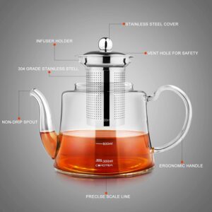 Glass Tea kettle Stovetop Safe, 40oz/1200ml Glass Teapot Gift Set with 4 Teacups, Tea Pot with Removable Infuser for Loose Leaf and Blooming Tea