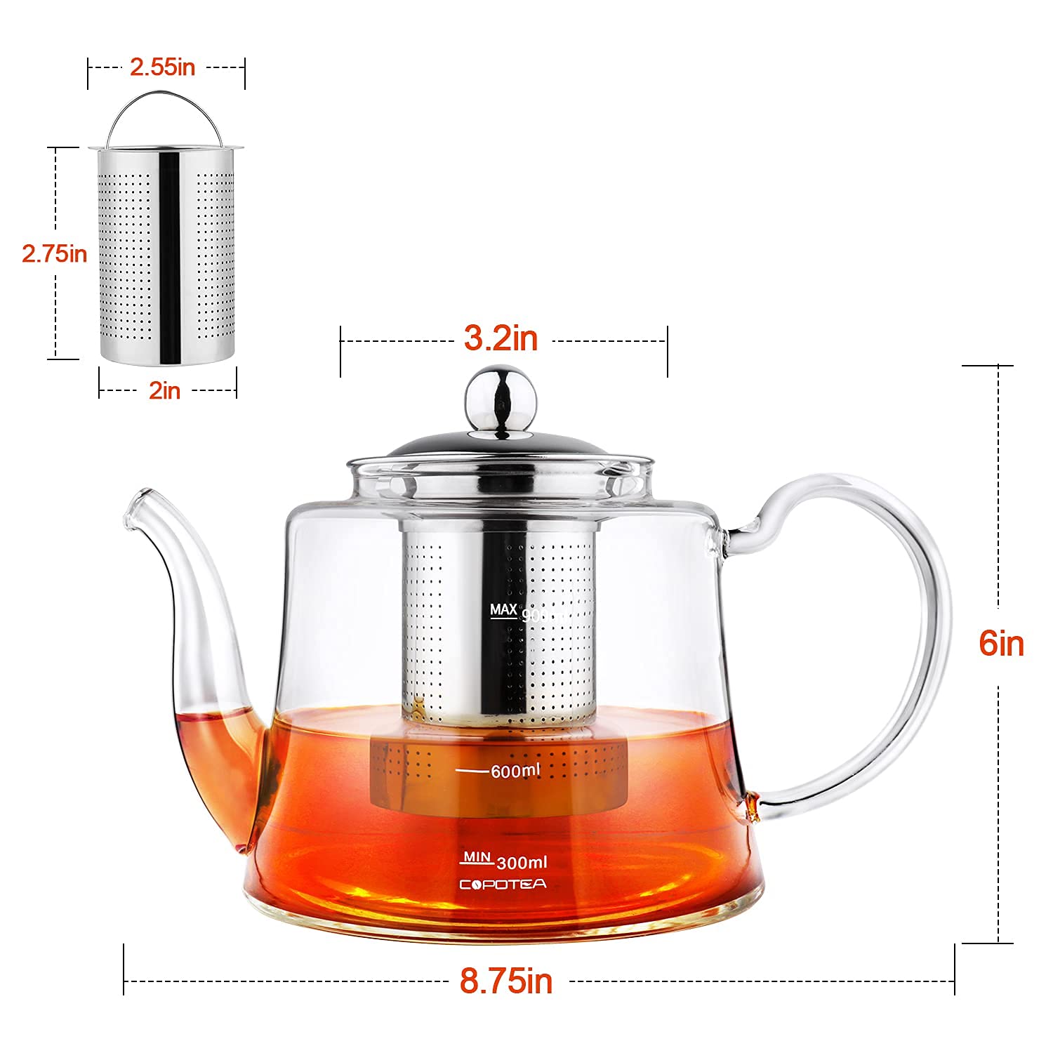 Glass Tea kettle Stovetop Safe, 40oz/1200ml Glass Teapot Gift Set with 4 Teacups, Tea Pot with Removable Infuser for Loose Leaf and Blooming Tea