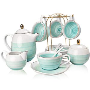 Sweejar Porcelain Tea Sets, 8 OZ Cups & Saucer Service for 4, Teapot Sugar Bowl Cream Pitcher Teaspoons and Tea Strainer for Adult Tea Coffee Afternoon Party(Blue)