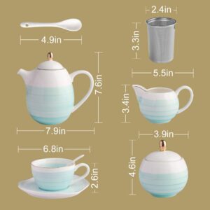 Sweejar Porcelain Tea Sets, 8 OZ Cups & Saucer Service for 4, Teapot Sugar Bowl Cream Pitcher Teaspoons and Tea Strainer for Adult Tea Coffee Afternoon Party(Blue)