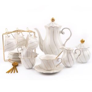 hsytek 22 pcs tea sets for women tea party, luxury british tea cups & saucers set of 6, porcelain tea sets gift for adults with golden trim, tea party & coffee, (including a stand)-white