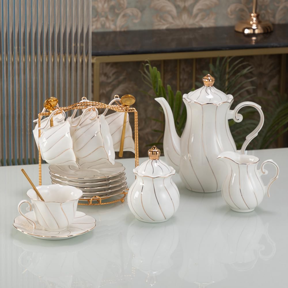 HSYTEK 22 Pcs Tea Sets for Women Tea Party, Luxury British Tea Cups & Saucers Set of 6, Porcelain Tea Sets Gift for Adults with Golden Trim, Tea Party & Coffee, (Including a Stand)-White