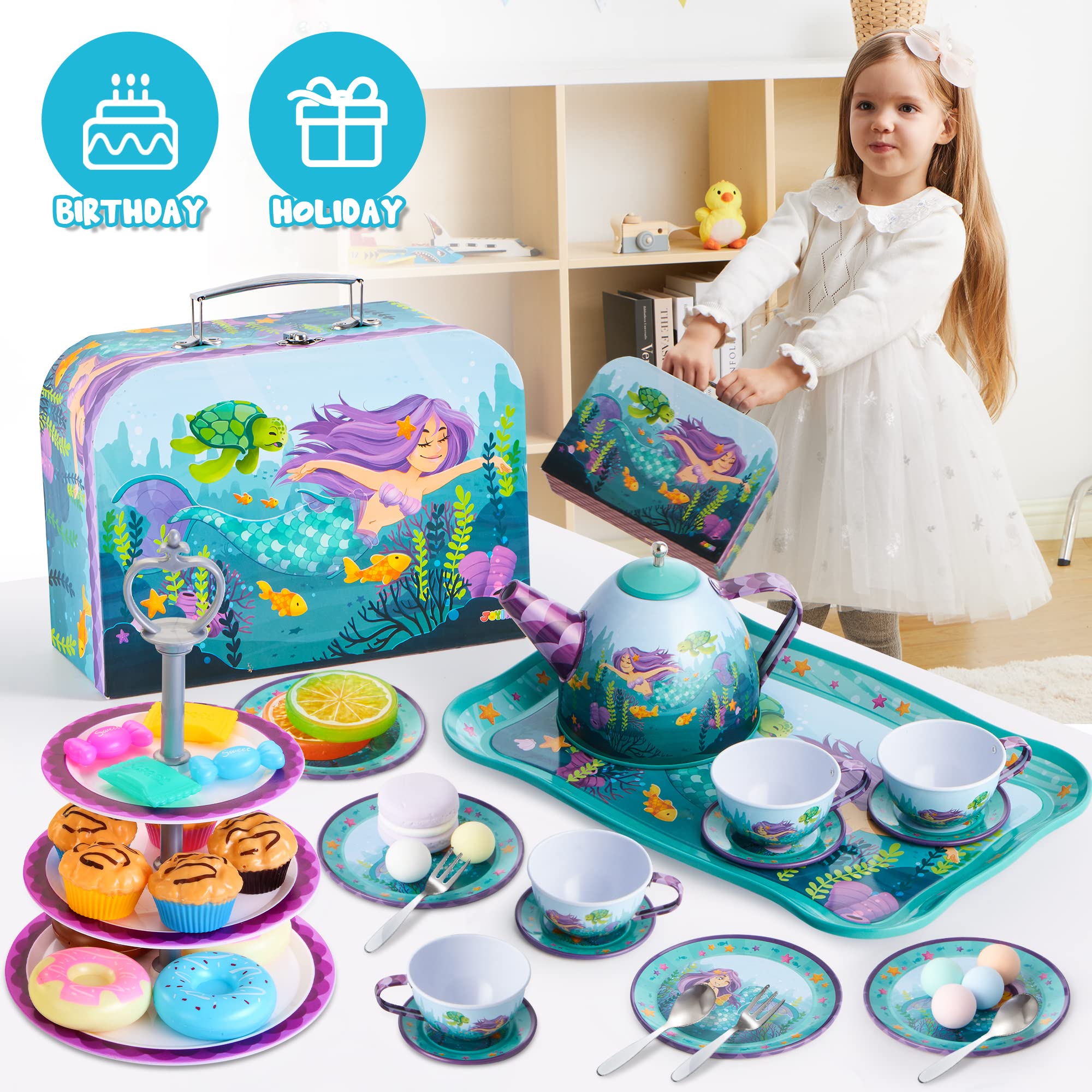 JOYIN 35Pcs Mermaid Tea Party Set for Little Girls, Pretend Tin Teapot Set, Princess Tea Time Play Kitchen Toy with Dessert, Doughnut, Carrying Case for Birthday Easter Gifts Kids Toddlers Age 3 4 5 6