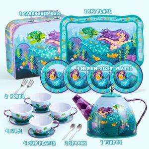 JOYIN 35Pcs Mermaid Tea Party Set for Little Girls, Pretend Tin Teapot Set, Princess Tea Time Play Kitchen Toy with Dessert, Doughnut, Carrying Case for Birthday Easter Gifts Kids Toddlers Age 3 4 5 6