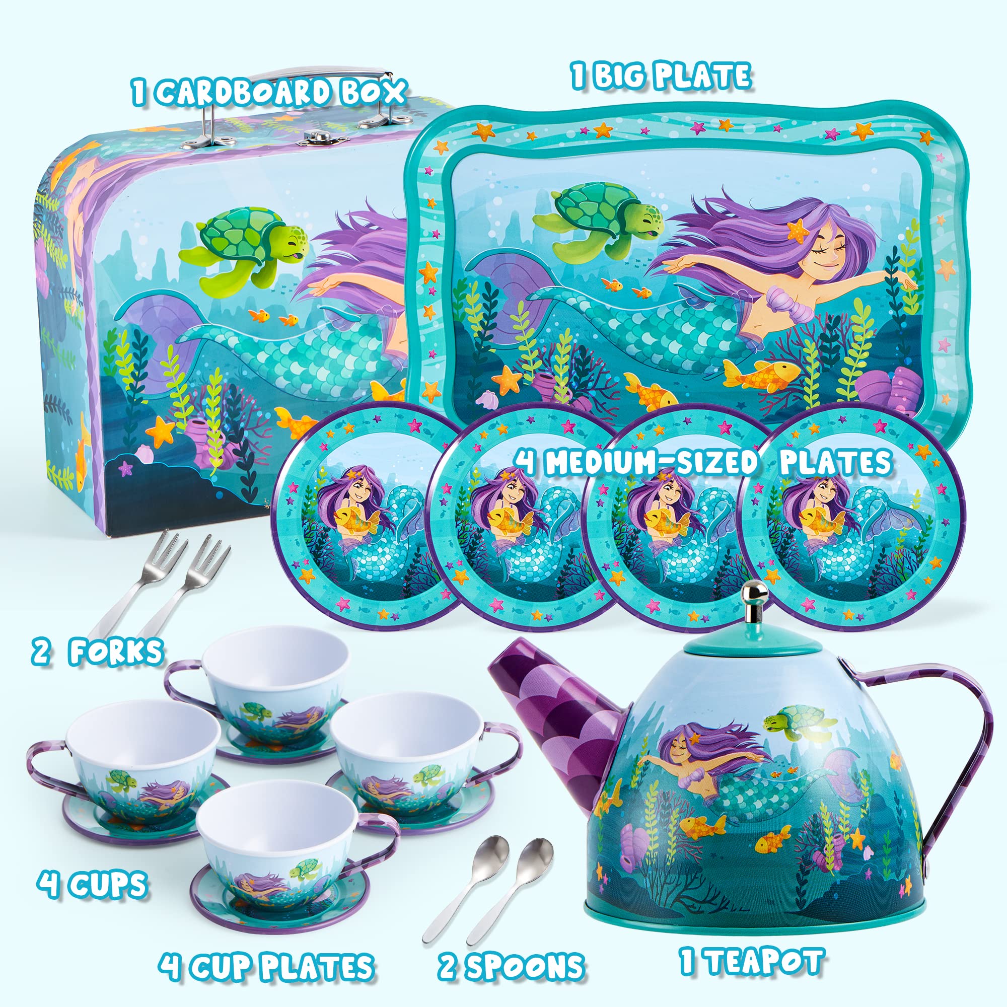 JOYIN 35Pcs Mermaid Tea Party Set for Little Girls, Pretend Tin Teapot Set, Princess Tea Time Play Kitchen Toy with Dessert, Doughnut, Carrying Case for Birthday Easter Gifts Kids Toddlers Age 3 4 5 6