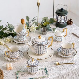 CwlwGO-15 Pieces Porcelain Tea Service Set for 4, Bone China Coffee Tea Sets,Tea Cup Set with Teapot, Sugar Bowl, Creamer Pitcher And Gifts Box, Britain Tea Cups and Saucer Sets For Women,Adults.