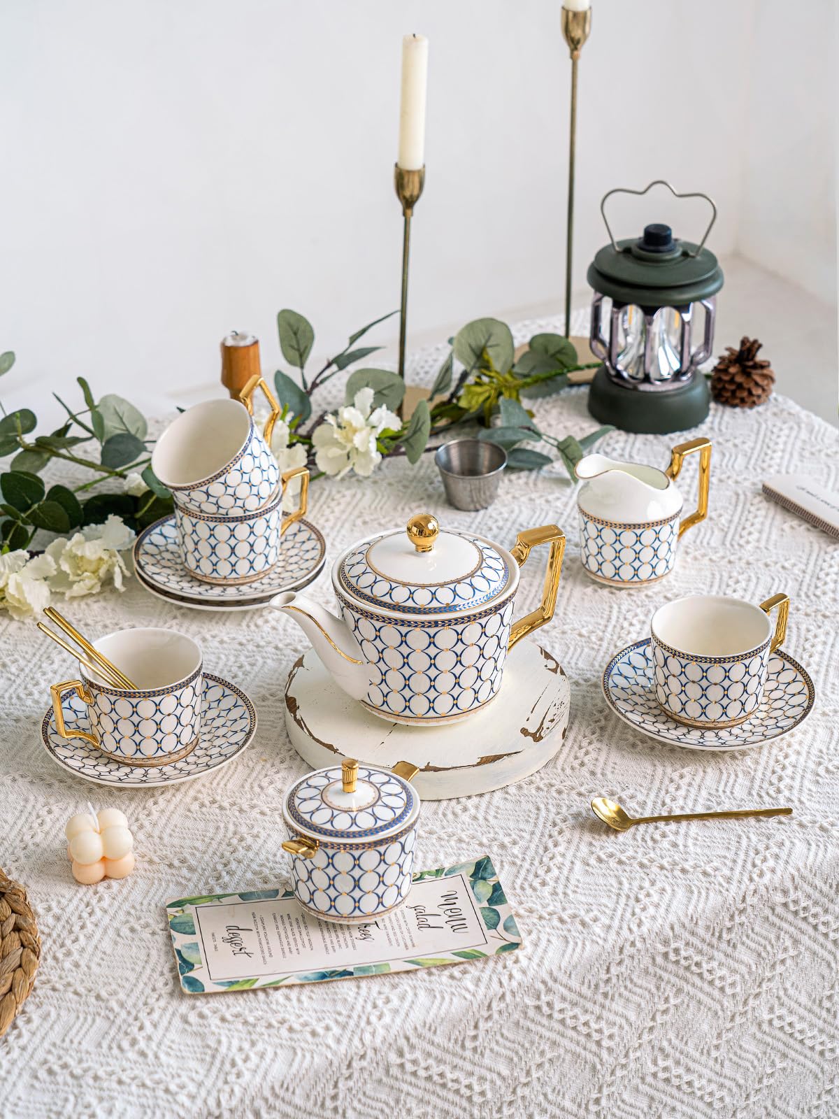 CwlwGO-15 Pieces Porcelain Tea Service Set for 4, Bone China Coffee Tea Sets,Tea Cup Set with Teapot, Sugar Bowl, Creamer Pitcher And Gifts Box, Britain Tea Cups and Saucer Sets For Women,Adults.