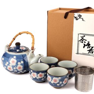 PUNNIO Japanese Tea Set, Japanese Style Porcelain Tea Sets for Adult, 1 Ceramic Tea Pot with Handle & 1 Stainless Steel Tea Filter & 6 Tea Cups (Sakura)