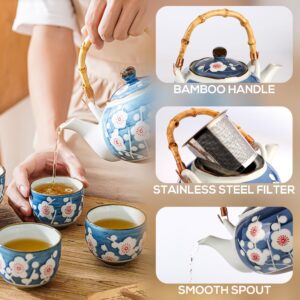 PUNNIO Japanese Tea Set, Japanese Style Porcelain Tea Sets for Adult, 1 Ceramic Tea Pot with Handle & 1 Stainless Steel Tea Filter & 6 Tea Cups (Sakura)