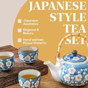 PUNNIO Japanese Tea Set, Japanese Style Porcelain Tea Sets for Adult, 1 Ceramic Tea Pot with Handle & 1 Stainless Steel Tea Filter & 6 Tea Cups (Sakura)