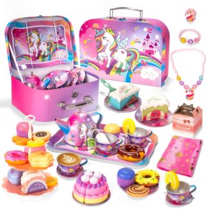 unicorn tea party set for little girls, toddlers princess toy tea set, pretend play teapot dessert tea cup set food kitchen playset, birthday unicorn gifts for 3 4 5 6 7 8 year old girls