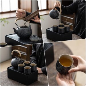 TEANAGOO Portable Japanese Tea Set, Charcoal Grey Travel Porcelain Tea Set, 1 Teapot (700ml/25oz) + 4 Tea Cups(205ml/7.2oz), U2, Tea Tray Storage Case, Beautiful Asian Tea Set for Adults