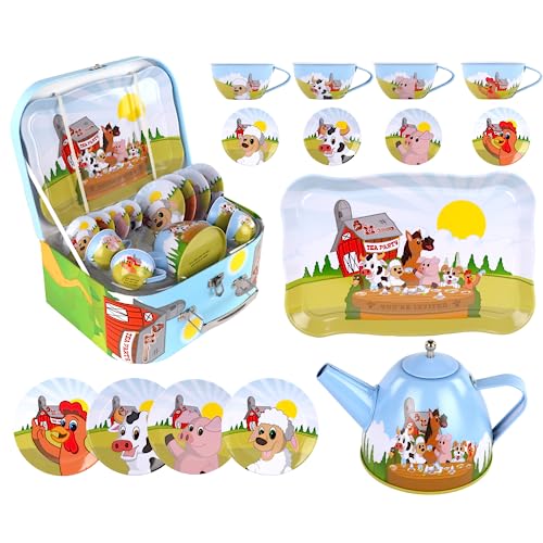 Regal Games Old Macdonald’s Tea Time - Barnyard Animal Designed Kid's Tea Time Set - includes 1 Teapot, 4 Cups, 4 Saucers, 1 Platter & Storage Case - Ideal Birthday & Easter Gift for Ages 5+