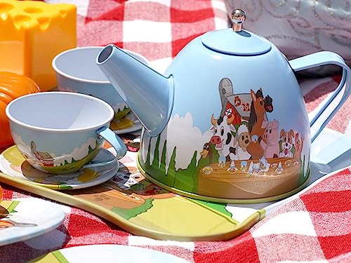 Regal Games Old Macdonald’s Tea Time - Barnyard Animal Designed Kid's Tea Time Set - includes 1 Teapot, 4 Cups, 4 Saucers, 1 Platter & Storage Case - Ideal Birthday & Easter Gift for Ages 5+