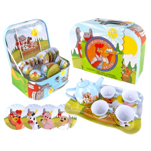 Regal Games Old Macdonald’s Tea Time - Barnyard Animal Designed Kid's Tea Time Set - includes 1 Teapot, 4 Cups, 4 Saucers, 1 Platter & Storage Case - Ideal Birthday & Easter Gift for Ages 5+