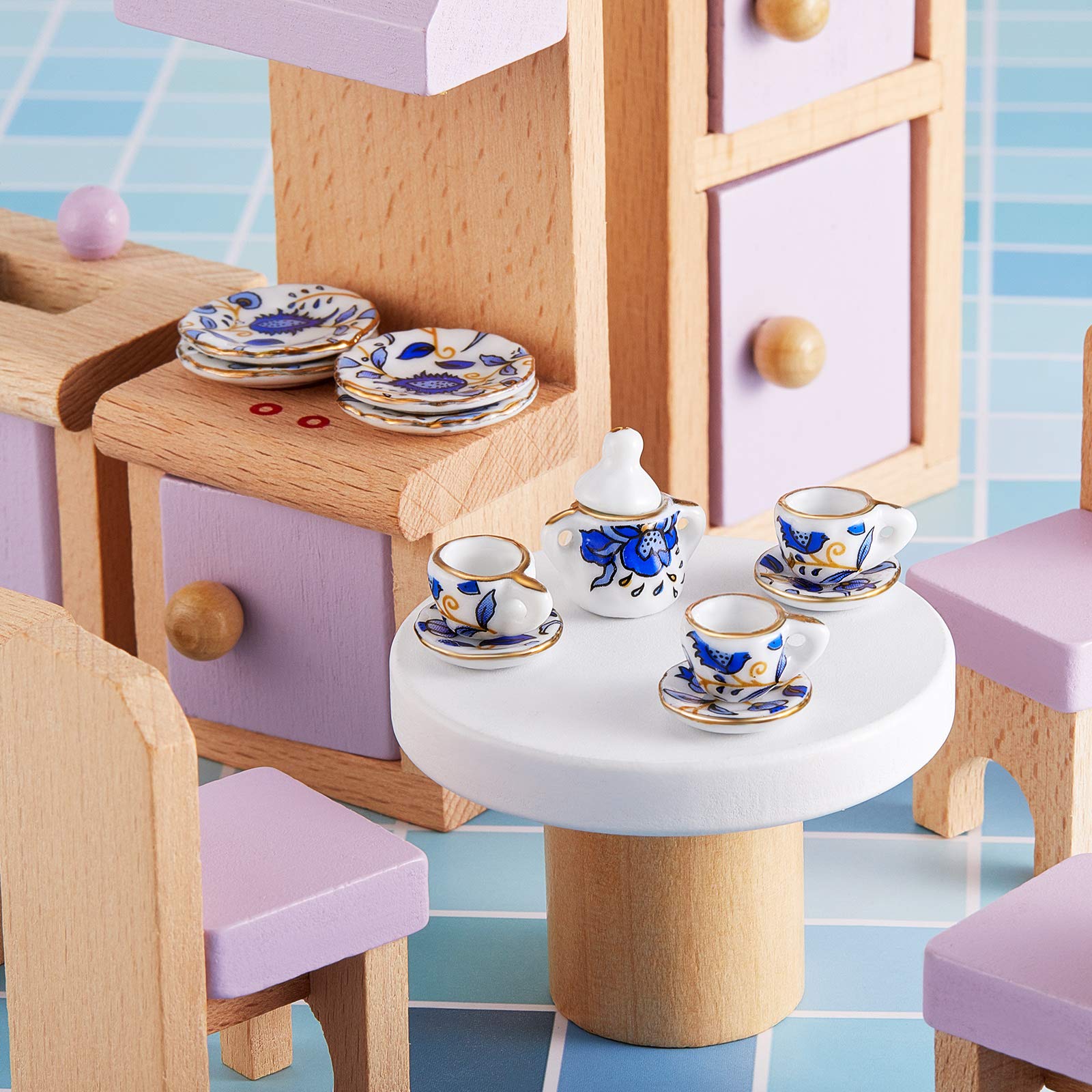 15 Pieces Miniature Porcelain Tea Cup Set Kitchen Miniature Porcelain Set Mini Flower Pattern Teapot Cup Plates Set Dollhouse Kitchen Accessories Set (Retro Flower Style)