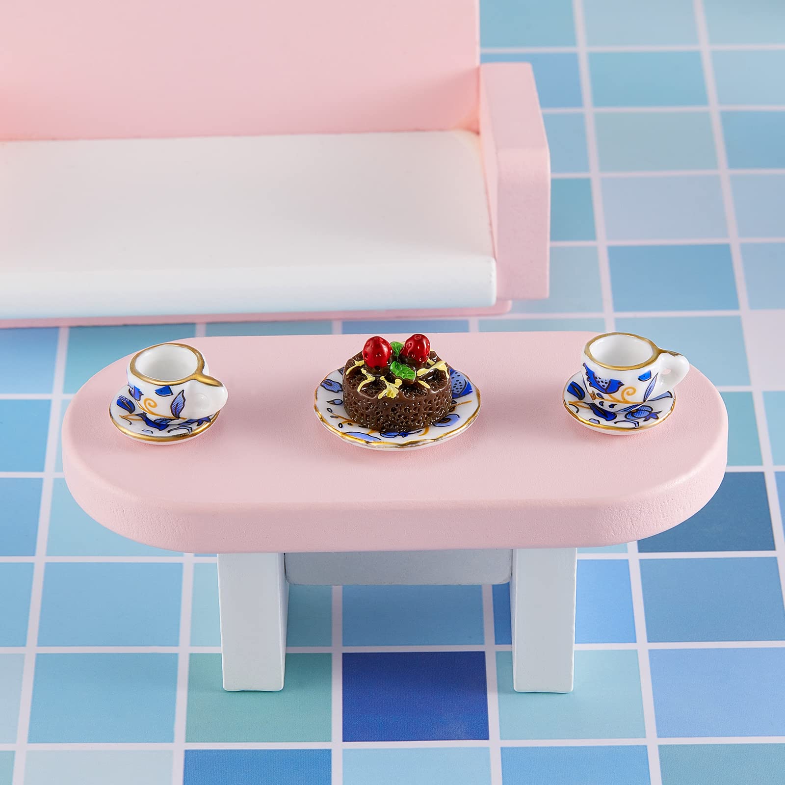 15 Pieces Miniature Porcelain Tea Cup Set Kitchen Miniature Porcelain Set Mini Flower Pattern Teapot Cup Plates Set Dollhouse Kitchen Accessories Set (Retro Flower Style)