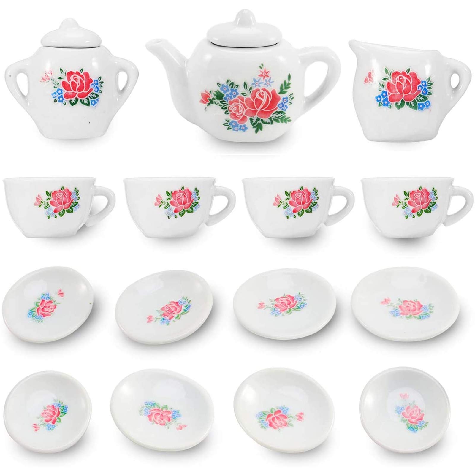 Liberty Imports 17 Piece Rose Flower Miniature Porcelain Ceramic Tea Set - Pretend Play Kids Toy Mini Kitchen Playset