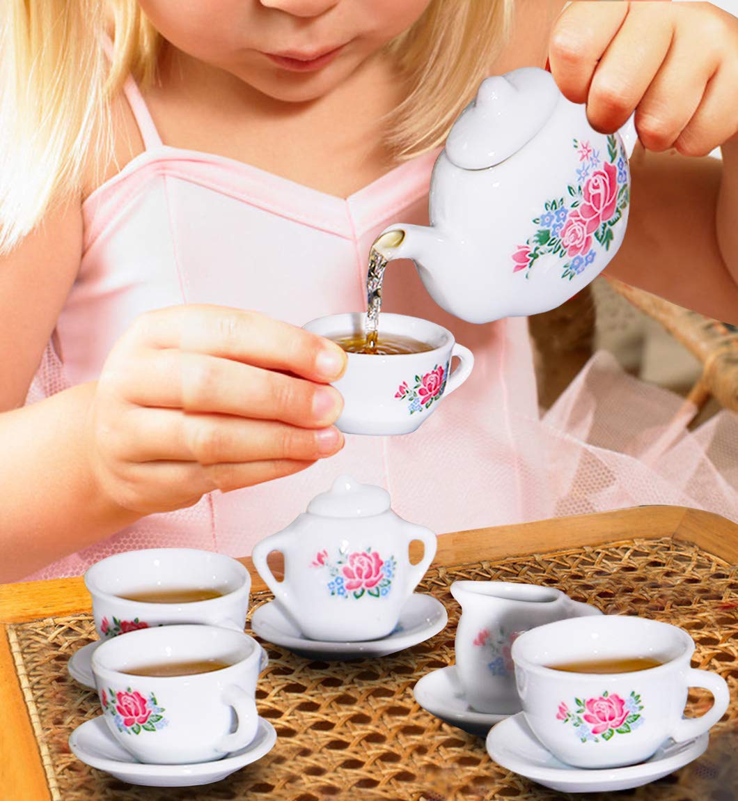 Liberty Imports 17 Piece Rose Flower Miniature Porcelain Ceramic Tea Set - Pretend Play Kids Toy Mini Kitchen Playset