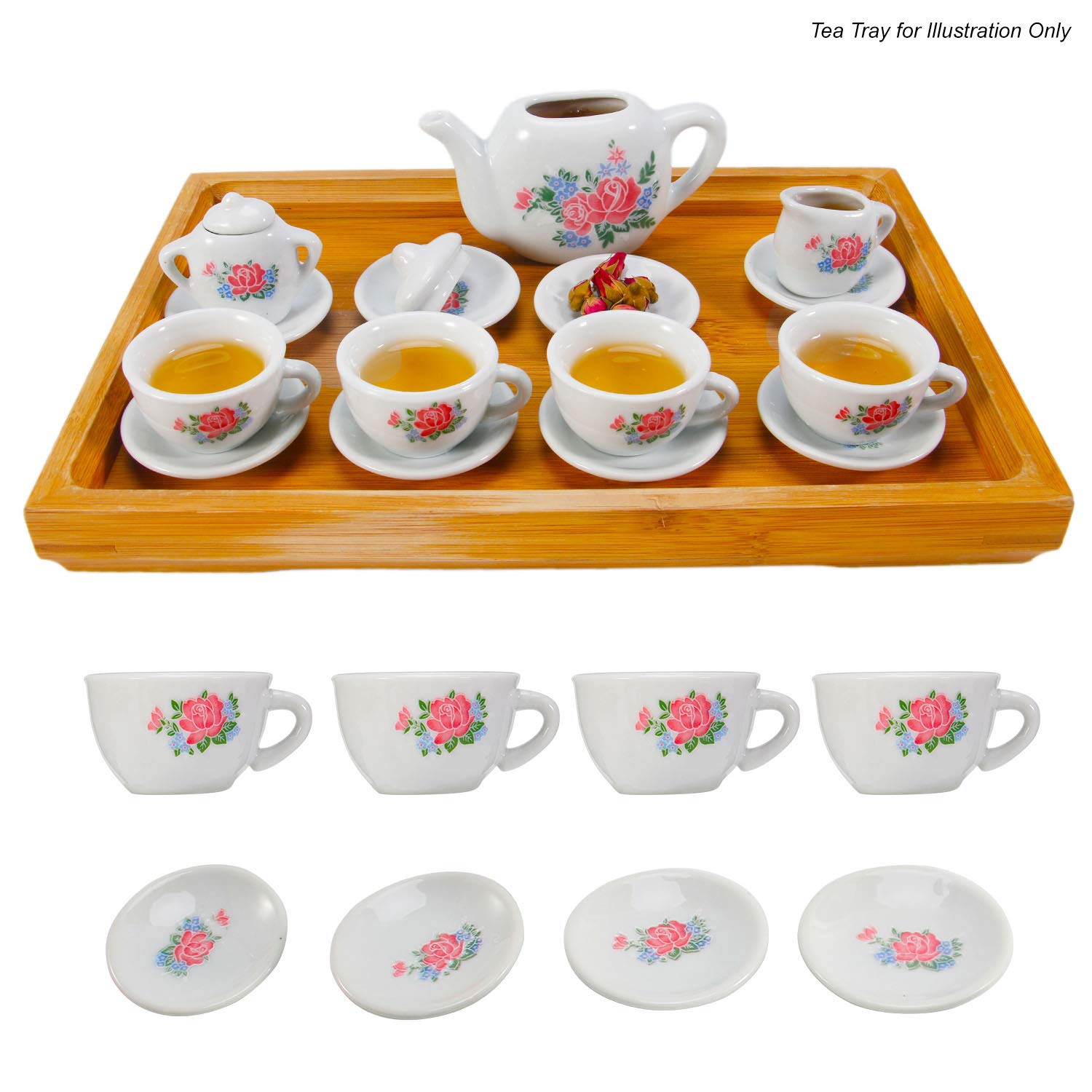 Liberty Imports 17 Piece Rose Flower Miniature Porcelain Ceramic Tea Set - Pretend Play Kids Toy Mini Kitchen Playset