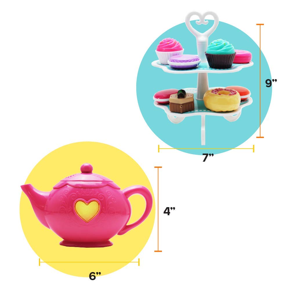 Boley Tea Set - 40 Piece Children's Tea Party Set with Princess Pink Teapot and Plastic Tray, Vintage Teacups with Saucers and Lemon Slices, Fancy Cake Stand with Cutlery and Play Food Mini Desserts