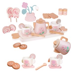 smartwo wooden tea set for little girls, 26 pcs play kitchen accessories for toddlers princess tea party with play food, pretend play tea set toy for kids 1 2 3, improve imagination and social skills