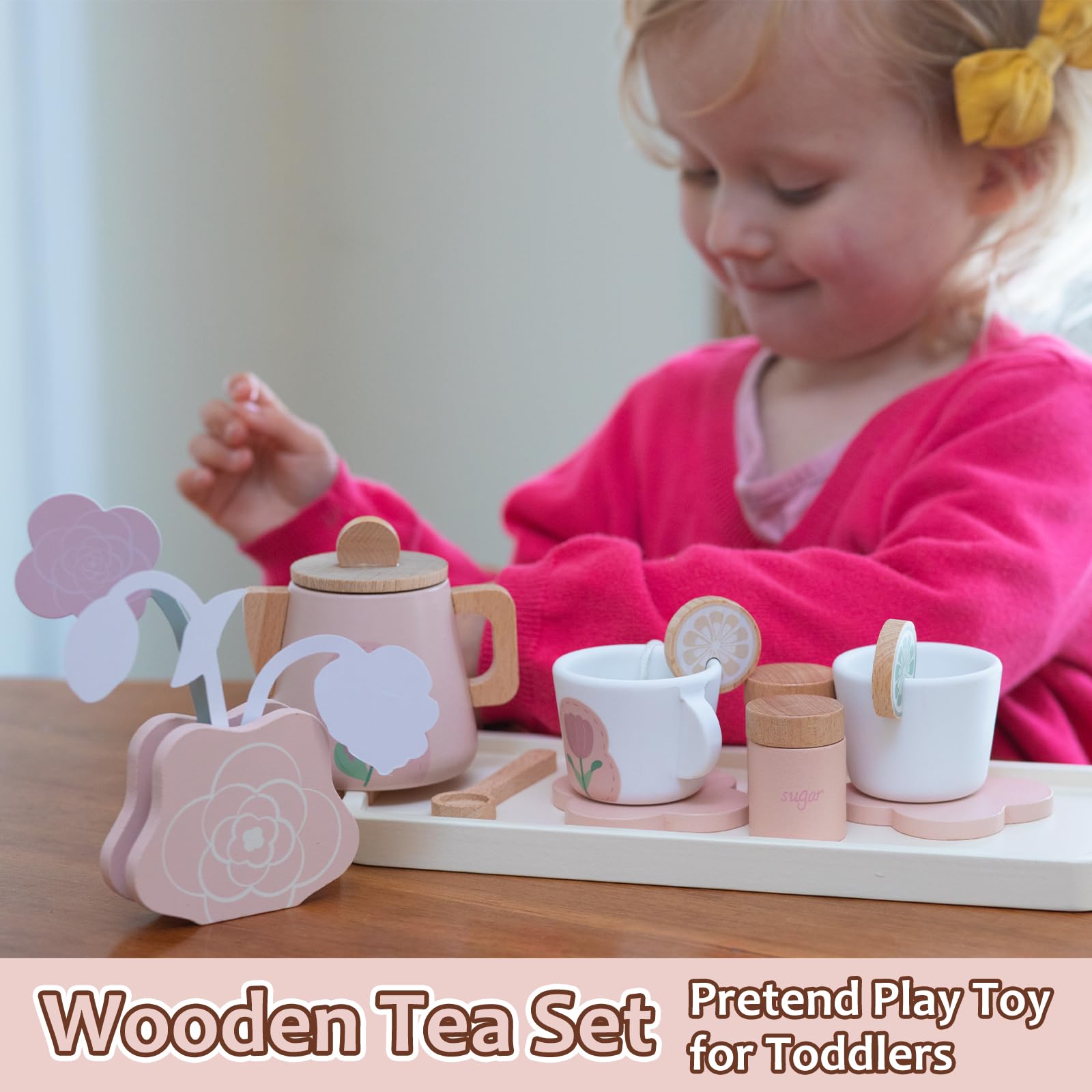 Smartwo Wooden Tea Set for Little Girls, 26 PCS Play Kitchen Accessories for Toddlers Princess Tea Party with Play Food, Pretend Play Tea Set Toy for kids 1 2 3, Improve Imagination and Social Skills