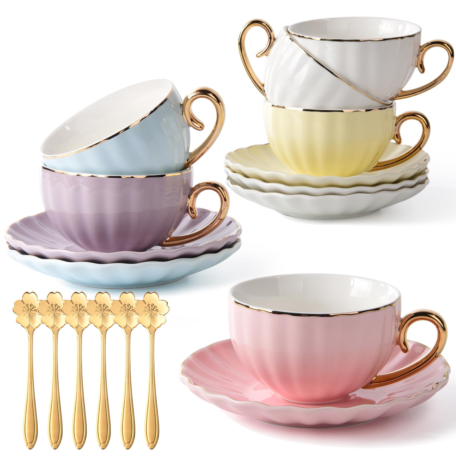 ICHAG Teacup and Saucer Set, Tea Cups Set of 6, Porcelain Tea Cups 7.7oz, Golden Trim, Golden Spoon, Tea Cups Set of 18 for Afternoon Tea, Womens Tea Party, Home Office Present (Pumpkin Coffee Mugs)