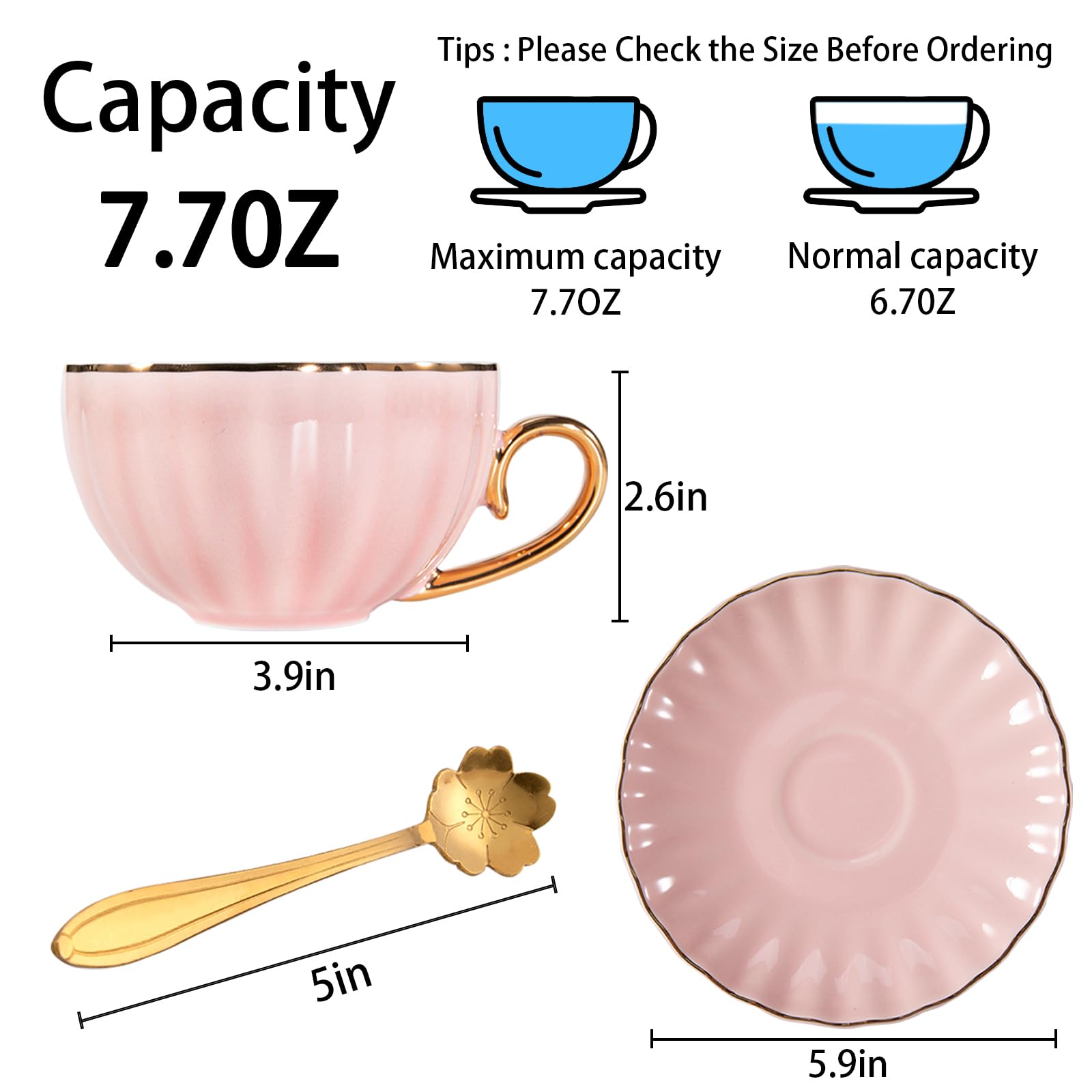 ICHAG Teacup and Saucer Set, Tea Cups Set of 6, Porcelain Tea Cups 7.7oz, Golden Trim, Golden Spoon, Tea Cups Set of 18 for Afternoon Tea, Womens Tea Party, Home Office Present (Pumpkin Coffee Mugs)