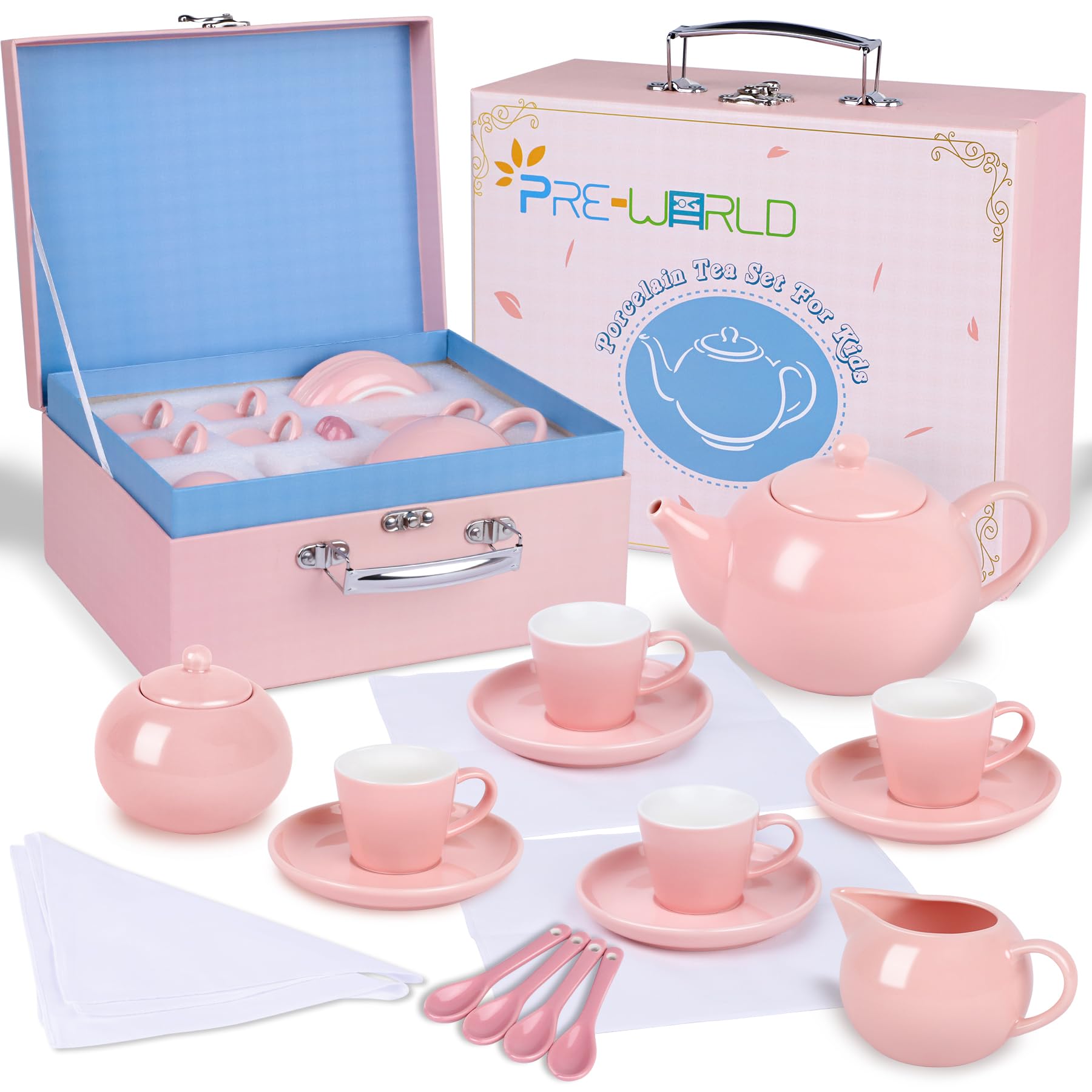 Porcelain Tea Party Set for Little Girls, 22Pcs Princess Tea Time Toy Including Teapot,Saucers,Teacups,Sugar Bowl,Creamer Pitcher,Spoons & Tablecloth, Kids Kitchen Pretend Play for Girls Boys