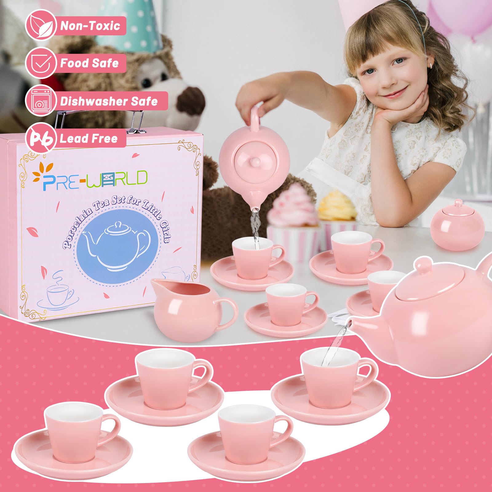 Porcelain Tea Party Set for Little Girls, 22Pcs Princess Tea Time Toy Including Teapot,Saucers,Teacups,Sugar Bowl,Creamer Pitcher,Spoons & Tablecloth, Kids Kitchen Pretend Play for Girls Boys