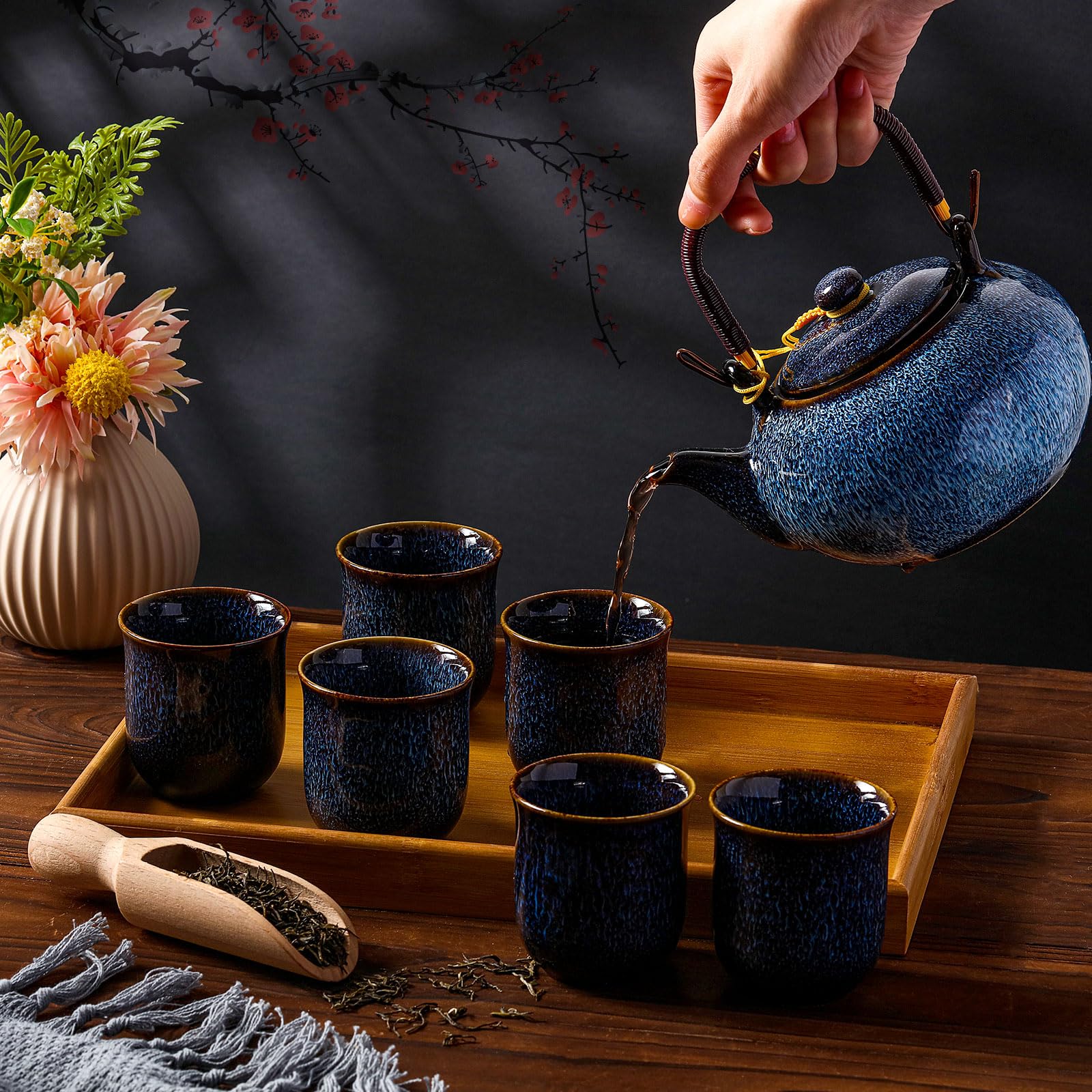 Layhit Japanese Tea Set Asian Tea Set for Adults with 1 Teapot 6 Tea Cups 1 Tea Tray Traditional Portable Japanese Kiln Altered Glaze Porcelain Tea Set for Tea Women Mother's Day Gifts(Blue)