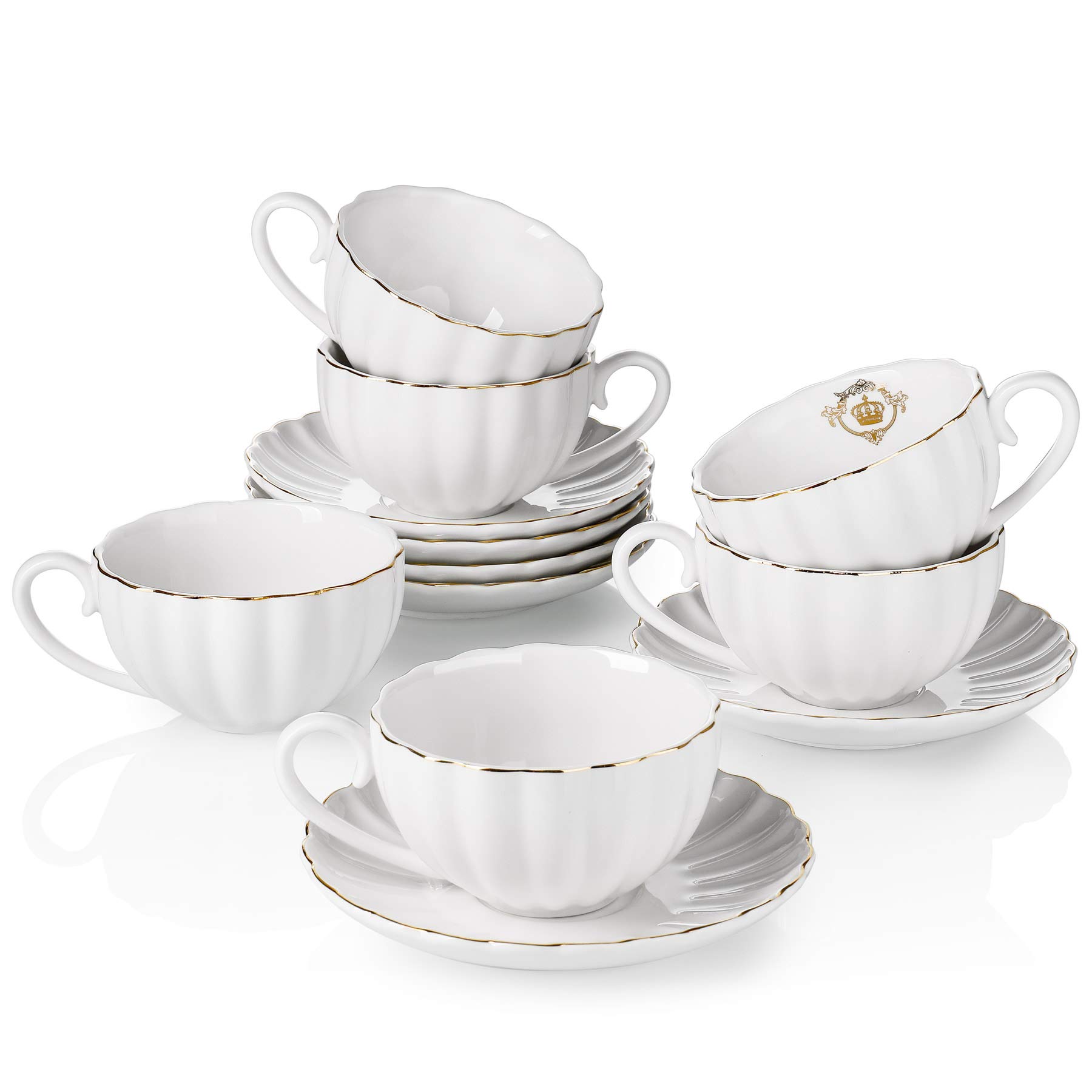 Amazingware Royal Tea Cups and Saucers, with Gold Trim and Gift Box, British Coffee Cups, Tea Cup Set, Porcelain Tea Set, Cappuccino Cups, Latte Cups, Set of 6 (8 oz)- White