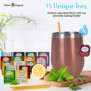 Tea Gift Sets for Tea Lovers Women and Men | Tea Gifts | Tea Gift Set | Tea Sets for Women | Stainless Tumbler | 15 Unique Teas | 10 Honey Straws | Gift Box Tea Set (Rose Gold)