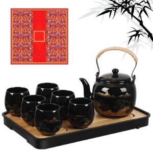 hushee japanese tea set in gift box asian tea set magic teapot with 1 teapot, 6 tea cups, 1 tea tray, 1 stainless infuser, black ceramic chinese porcelain tea set gift for tea adult lover office home