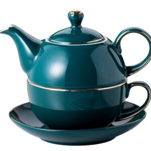 Jusalpha Dark Turquoise Green Fine China 16 OZ Teapot- Tea cup- Saucer Set, Tea-for-One set #08