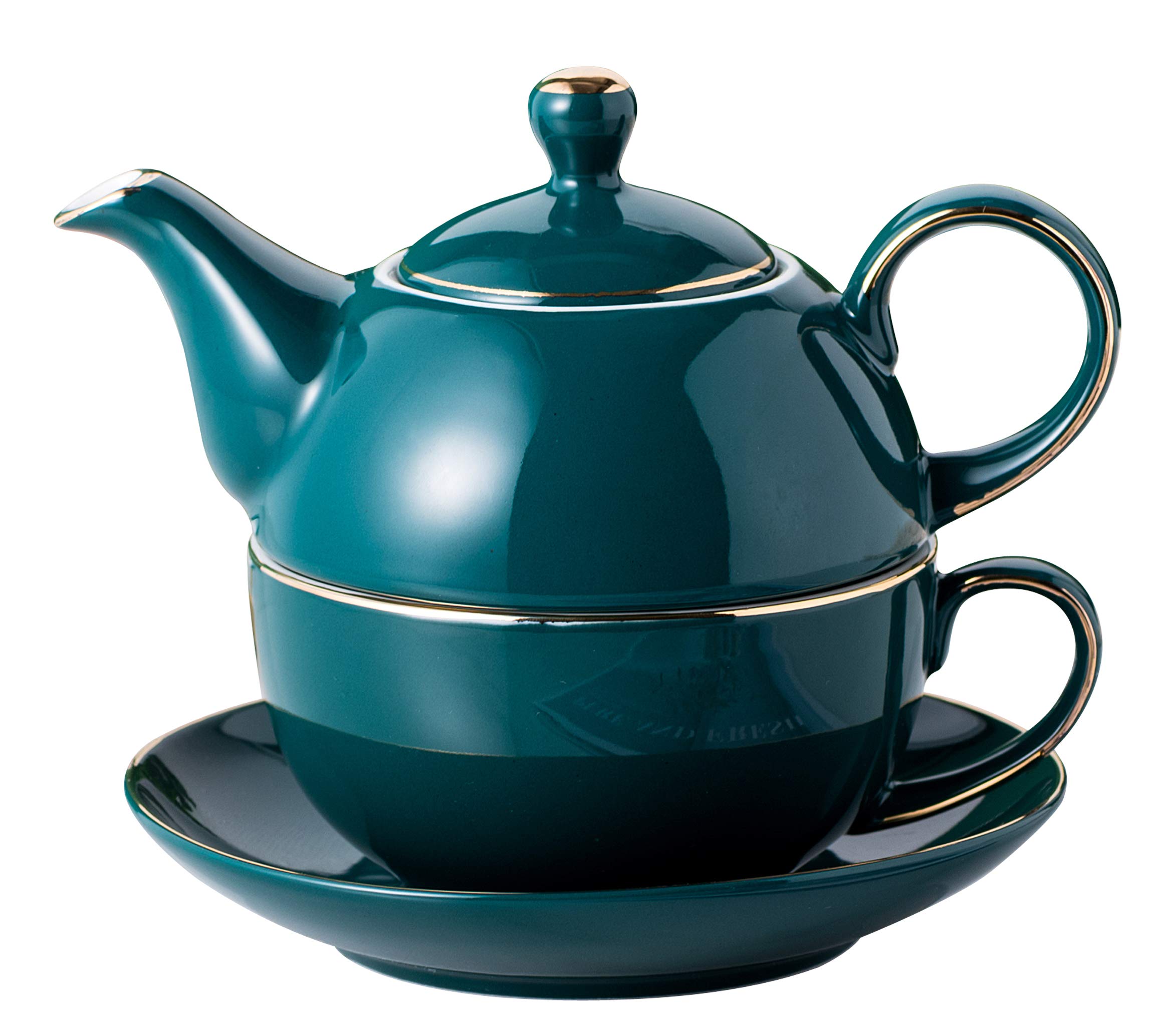 Jusalpha Dark Turquoise Green Fine China 16 OZ Teapot- Tea cup- Saucer Set, Tea-for-One set #08