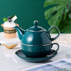 Jusalpha Dark Turquoise Green Fine China 16 OZ Teapot- Tea cup- Saucer Set, Tea-for-One set #08