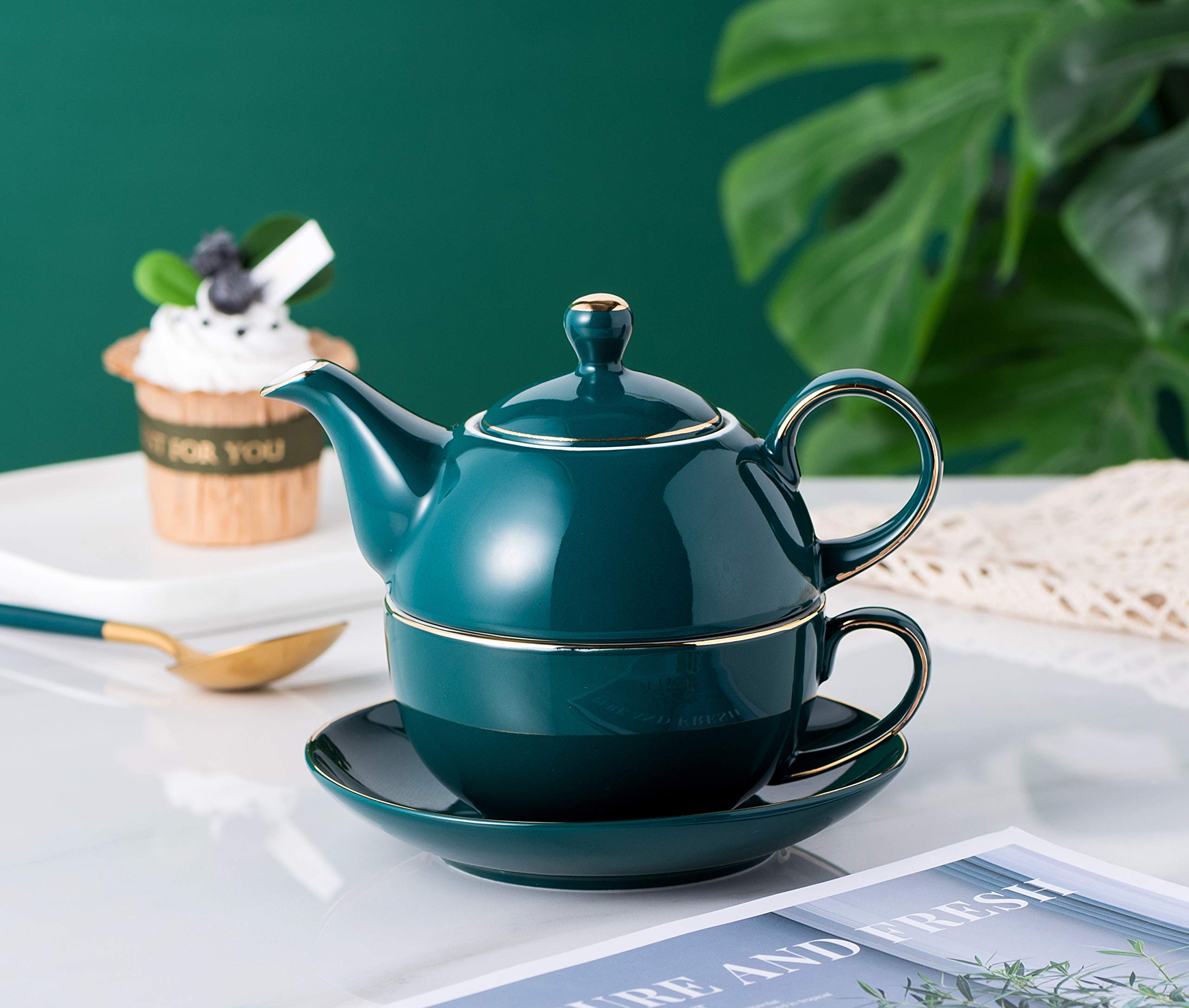 Jusalpha Dark Turquoise Green Fine China 16 OZ Teapot- Tea cup- Saucer Set, Tea-for-One set #08