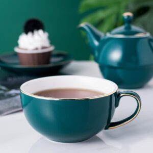 Jusalpha Dark Turquoise Green Fine China 16 OZ Teapot- Tea cup- Saucer Set, Tea-for-One set #08