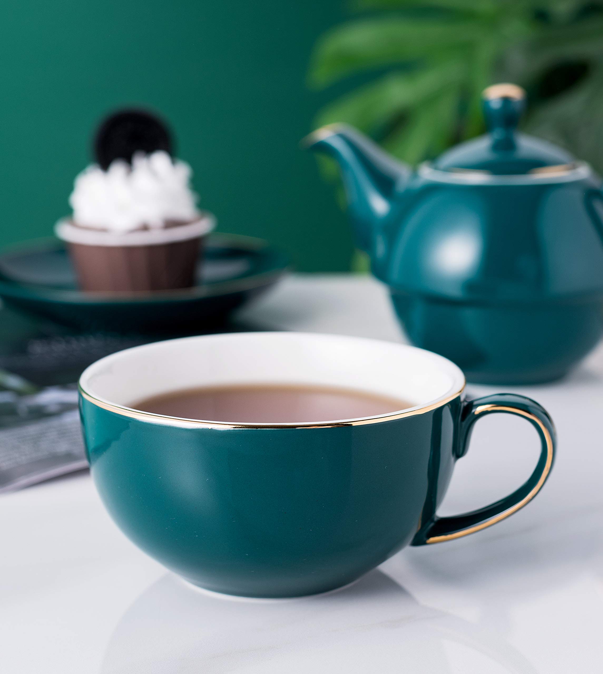 Jusalpha Dark Turquoise Green Fine China 16 OZ Teapot- Tea cup- Saucer Set, Tea-for-One set #08