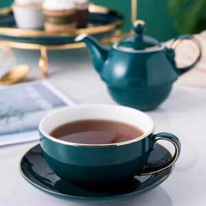 Jusalpha Dark Turquoise Green Fine China 16 OZ Teapot- Tea cup- Saucer Set, Tea-for-One set #08