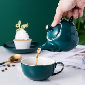 Jusalpha Dark Turquoise Green Fine China 16 OZ Teapot- Tea cup- Saucer Set, Tea-for-One set #08